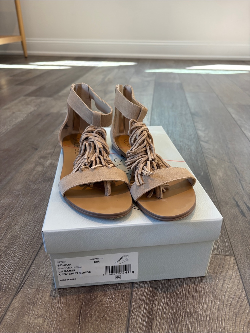 Sole Society Caramel Suede Fringe Ankle-Strap Sandals